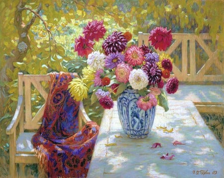 Floral Delights - blue, private, spring, flowers, blanket, garden, mix, painted, vase, trees, table, lovely, fence, bouquet, variety, chair, colours, outdoors, quite