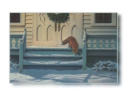 Winter Fox - pretty, house, winter, fox, snow, sly, curios, checking, door, stairs, wreath, railings, red, cold, wild