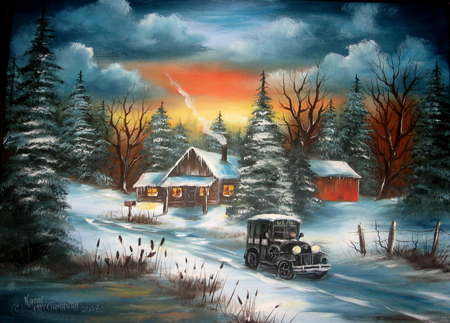 Country Shack - farm, trees, chimney, sunset, mailbox, yellow, house, fence, truck, winter, night, smoke, goreuos, colours, snow, blue, red, barn, lights