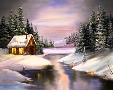 Day Break - cabin, daybreak, snow, stream, forest, dream, view, paradise, sky, woods, trees, winter, water, beautiful, scenic, christmas, colours, pines, lights, snow covered, cold, quite