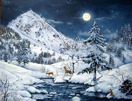 SNOWY NIGHT - moon, trees, winter, creek, snow, night, stars, mountains, sky, animals