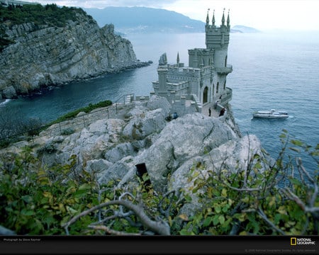 Neo Gothic Castle at Black Sea - walls, castle, black sea, rock, tower, light grey