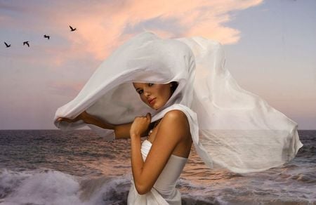 WHITE LONG VEIL - clouds, veil, dove, beauty, ocean, oceanside, vawes, veiled, white, woman