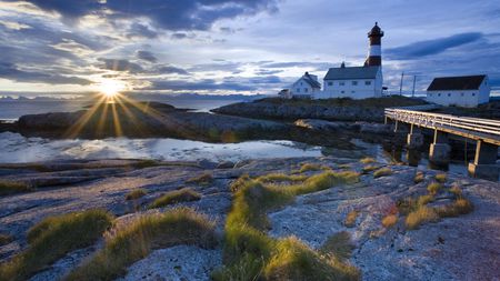 Tranoy Lighthouse, Norway - sky, beach, lighthouse, sun, water, sunrays