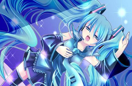 Hatsune Miku - aqua, headset, music, thighhighs, purple, cool, aqua eyes, hatsune miku, skirt, song, vocaloids, program, vocaloid, beautiful, pink, diva, nice, beauty, twintail, singer, aqua hair, virtual, pretty, idol, anime, miku, cute, stars, girl, hatsune, microphone, headphones, tie, singing, awesome, thighhigs