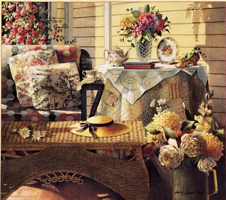 Time to Relax - shoe, book, pillows, flowers, wicker table, vase, pot, hat, cloth, table, tea, saucer, water can, wicker sofa, ivy, plate, painting, cup