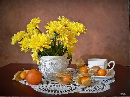 still life - nice, photography, chrysanthemum, bouquet, still life, yellow, cool, harmony, drink, coffee, tea, vase, cup, fruit, beautiful, flowers, photo, elegantly, flower