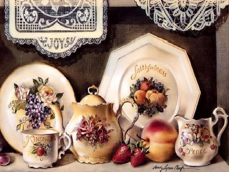 The Important Essentials of Life - pitcher, faithfulness, doilies, joy, peace, tea pot, kindness, painting, plates, fruits, cup