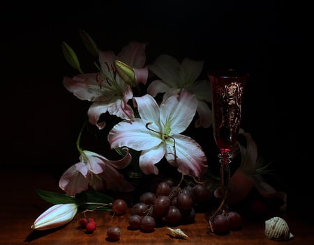 still life - elegantly, lilies, photo, flowers, wine, nice, drinks, beverage, beautiful, photography, cool, still life, flower, bouquet, harmony, champagne, shells, cup