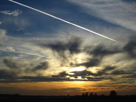 God's Grace on Earth - plane, clouds, white, sunset, blue, wisp