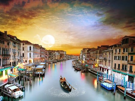 Venice-Italy - water, boat, landscape, reflection, buildings, sunsets, sail, nature, cloud, italy, sun, sky