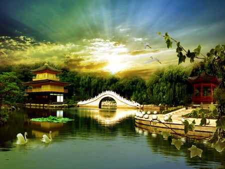 beauty sunset - trees, gate, birds, landscape, reflection, sunsets, flowers, river, swans, nature, cloud, lake, pagoda, sky