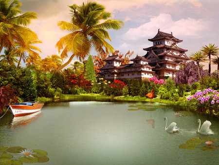 Himeji Castle Himeji Japan - lake, swans, sail, sky, landscape, trees, water, pagoda, fantasy, nature, cloud, reflection, castle, flowers, grass