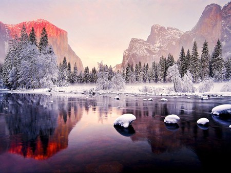 Fire and Ice - rivers, brown, pink, sunrays, trunks, yosemite, sunrises, maroon, sunshine, natural, stones, laguna, wonderful, frozen, pines, ice, silver, gray, shadows, amazing, sunsets, leaves, red, violet, sky, sun, clouds, water, photoshop, morning, cool, iced, usa, black, bright, cold, sundown, snow, nice, beauty, white, mounts, nature, brightness, lakes, reflections, evening, landscape, photo, creeks, rocky, purple, mirror, fire, branches, trees, beautiful, photography, reflected, orange, peaks, icy, awesome, lagoons, panorama, leaf, day, mountains, rocks