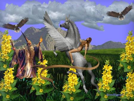 pegasus - flowers, fantasy, birds, girl, pegasus, sky