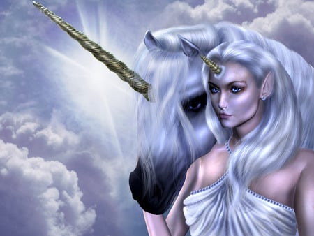 Unicorn - sky, elf, lady, girl, light, fantasy, white, queen, clouds, fairy, friends, unicorn