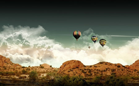 balloons over hills - hot air balloons, soaring, mountain, sky