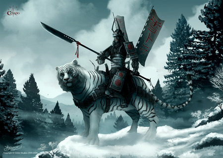 samurai - white, warrior, snow, forest, tiger, samurai