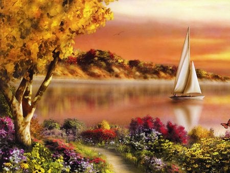 ship - trees, nature, ship, color, flower, lakes