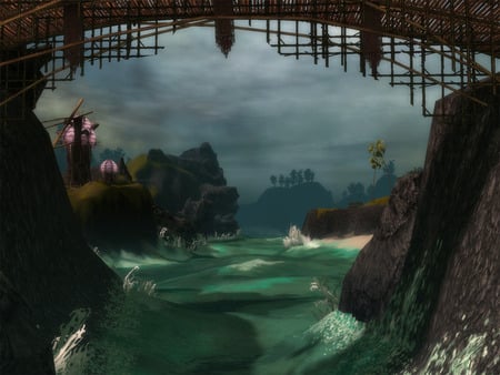 Under the Bridge - ocean, sky, mountain, 3d and cg, fantasy, nature, dark, grey, green, dark art, bridge