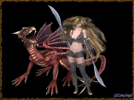 Dragon Warrior - red, dragon, female, woman, knives