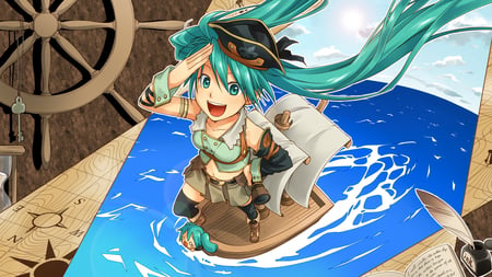 Hatsune Miku - twin tails, vocaloid, miku hatsune, miku, pirate, boat, hatsune, ocean