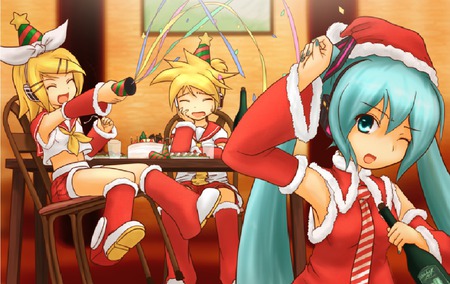 mikus got the shampane - len, xmas, rin, miku, shampane