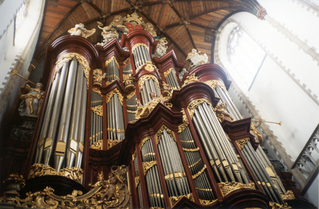 Organ St Bavo, Haarlem, Holland - goldpaint, pedal tower, metal, churchwindows, organ, pipes, ornaments