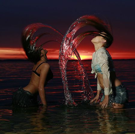 DOUBLE WET WOMAN - woman, sky, red, hair, water, wet, sunset