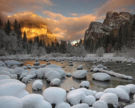 Golden winter - sky, landscape, trees, popular, water, winter, mountains, sunset, sesons, nature, white, cold, clouds, snow, river, golden