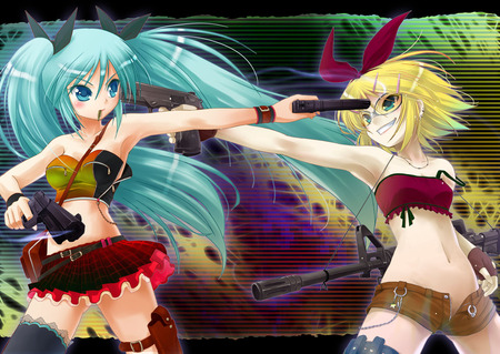 Miku VS Rin - vocaloid 2, vocaloid, miku hatsune, guns, rin kagamine