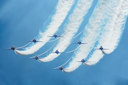 nine in the sky - white, sky, fly, fast, aircraft, plane, airplanes, blue