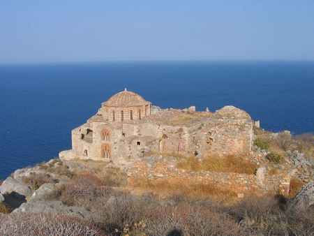 Old Church, Pelopponesos, Greece - sky, rock, church, sea, ochra, blue