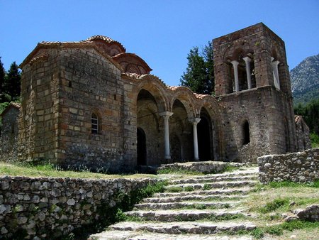 Old Church, Mystras, Greece - pillars, square, tower, blue sky, church, steps