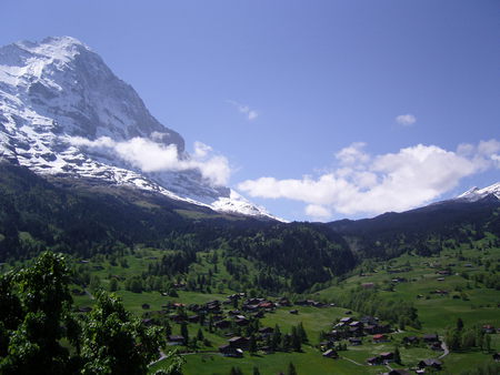 Grindelwald - clouds, blue, beautiful, snow, valley, capped, village, skies, forests, nature, alpine, mountains