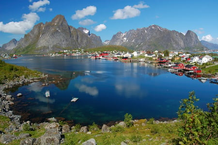 Beautiful Norway - mountains, beautiful, village, blue, side, reflection, clouds, sea, nature, skies