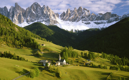 The Italian Alps - forest, beautiful, village, grass, small, capped, nature, mountain, mountains, alpine, naturistic, sky, clouds, trees, cloudy, green, snow