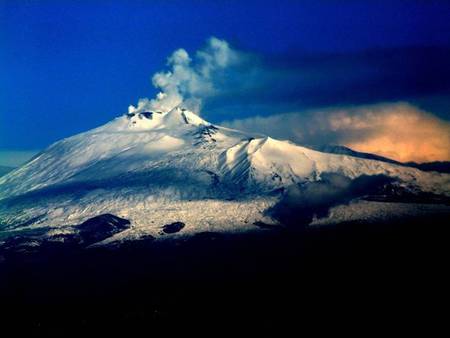 Etna Volcano, Sicily, Italy - orange, blue sky, volcano, smoke