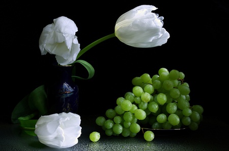 White Tulips - with love, beautiful, vase, white tulips, white, photography, nature, pretty, tulips, beauty, flowers, still life, drops, tulip, lovely, green, grapes