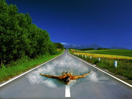 Effect - sky, road, landscape, photoshop, trees, nature, swimming, grass