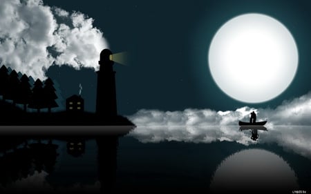 Romance By The LightHouse - clouds, moon, house, trees, lighthouse, boat, night, ocean, sky, lovers