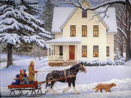 Hurry Up Let's Go - snow, dog, children, home, charming, memories, bundled, sleigh, house, trees, winter, homestead, road, lovely, horse, snowing, pine, ride, country, father