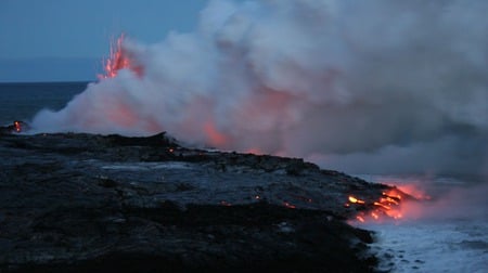 Lava entering the sea - lava, steam, heat, lava stone, sky