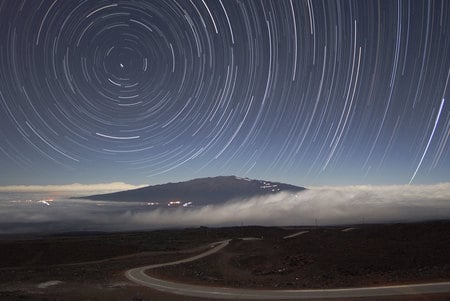 Star trails above Mount Kea, Hawai - star trails, mountain, road, clouds