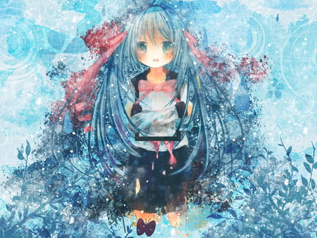 Hatsune Miku - pretty, anime, vocaloid, twintail, hatsune miku, flowers, aqua, music, red, nice, idol, program, skirt, beautiful, singer, girl, virtual, beauty, cool, black, miku, awesome, diva, aqua eyes, rose, cute, aqua hair, hatsune, vocaloids, song