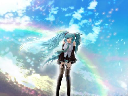 Hatsune Miku - virtual, miku, vocaloids, song, sky blue, singer, cool, awesome, vocaloid, thighhighs, anime, twintail, blue, rainbow, skirt, hatsune, cute, beautiful, hot, girl, colorful, program, pretty, aqua, beauty, diva, sky, nice, tie, sexy, idol, music, hatsune miku