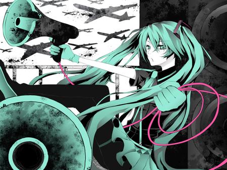 Hatsune Miku - Love is War - aqua, base, headset, music, thighhighs, white, cool, hatsune miku, skirt, song, megaphone, vocaloids, program, vocaloid, beautiful, diva, nice, airplanes, beauty, ribbons, twintail, singer, aqua hair, black, bass, planes, virtual, pretty, idol, anime, miku, cute, girl, hatsune, microphone, headphones, awesome