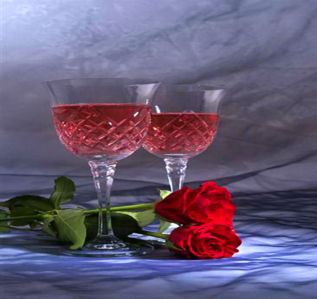 Bubbly and roses - drinks for two, glasses, champagne, pink, red roses