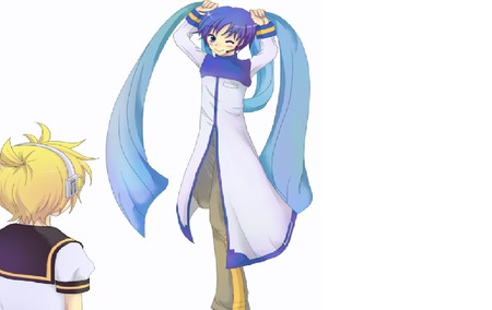 this is what happens when u give him a scarf - len, blue, funny, miku, scarfe, kaito, yello