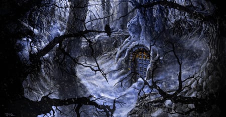 Little Door In The Forest - crow, door, winter, beware, trees, snow